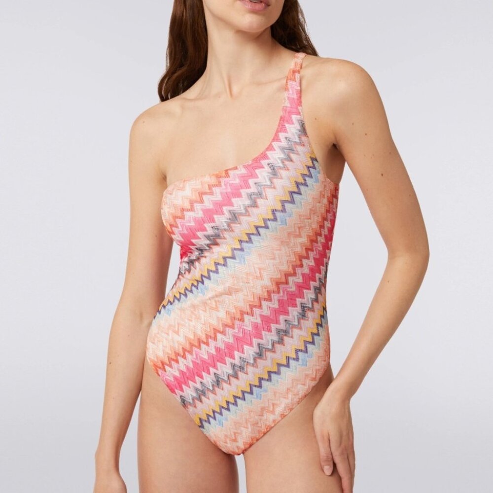 NWT Missoni One Piece Swimsuit Chevron Pink One Shoulder Bodysuit New XS 36 - Picture 6 of 11